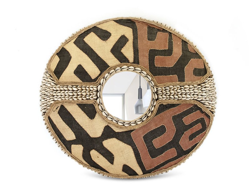 African Shield Mirror Design With Kuba Cloth and Cowrie Cross African Shield Mirror Design With Kuba Cloth and Cowrie Cross
